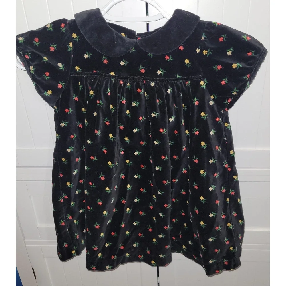 Vintage 1998 Gymboree Black Floral Velvet Dress Peter Pan Collar 2T 3T Small